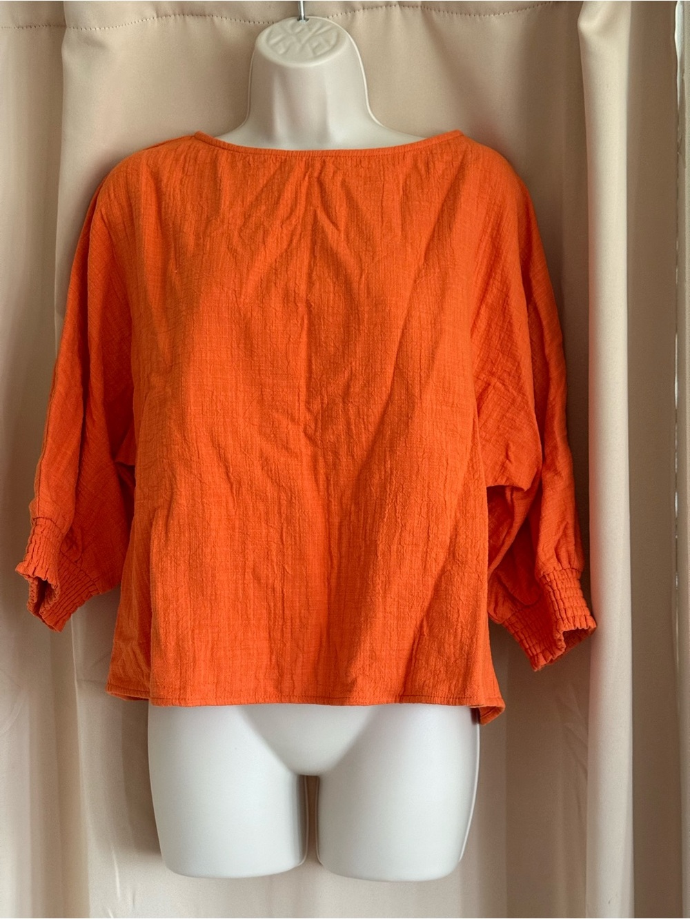 Bright Orange Boxy Gauze Blouse with Smocked Sleeves